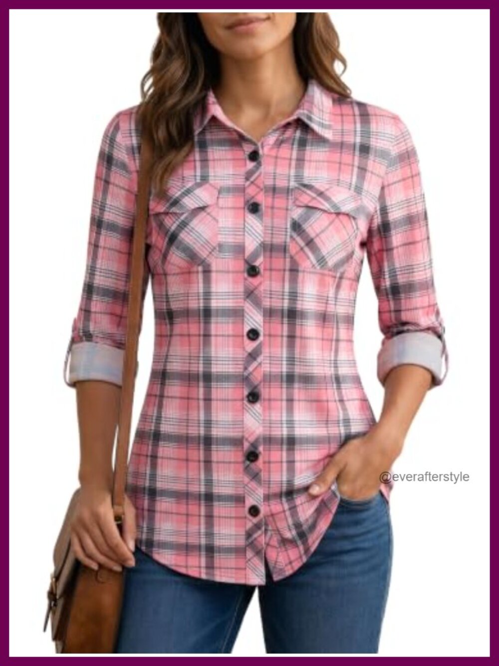 Plaid Button Down Shirt Roll Up Sleeve Boyfriend Fit Stretchy Knit Blouse